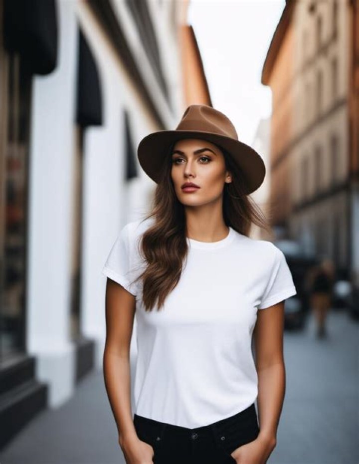A model wearing a brown leather jacket and beige cargo pants