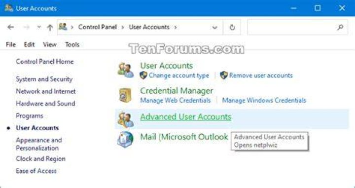 Access User Accounts Control Panel