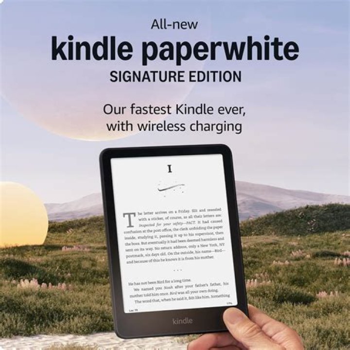 amazon kindle paperwhite 2011 book 1 Amazon Kindle Paperwhite 2021 with the screen showing a book, on a table, next to a cup of coffee and plant, version 1
