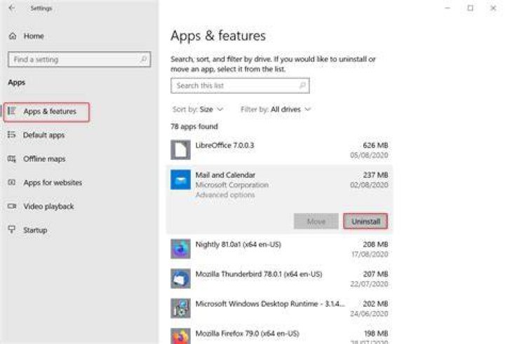 apps & features windows 10