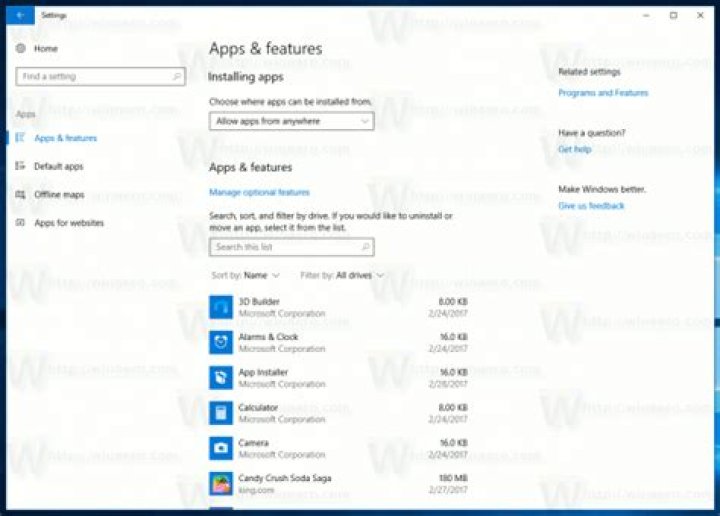 apps and features settings windows 10