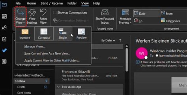 The Change View button Change View button outlook how to search for attachment