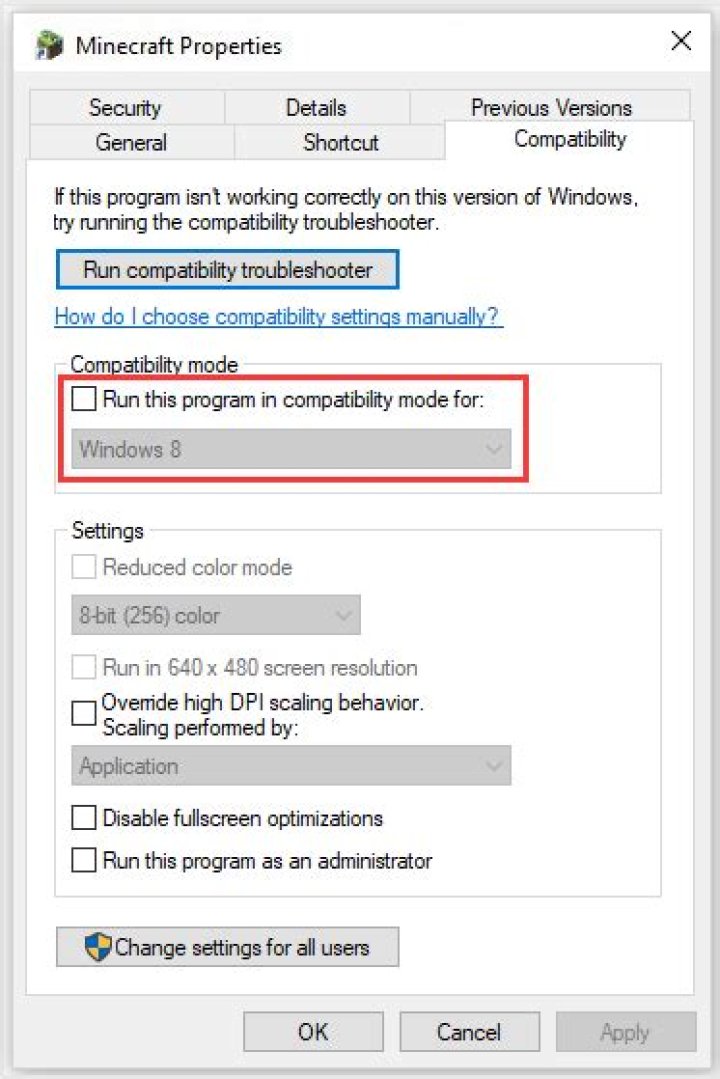 compatibility mode minecraft won't start