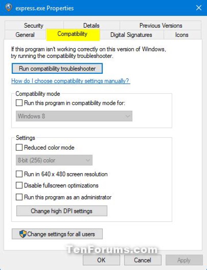 compatibility tab program properties
