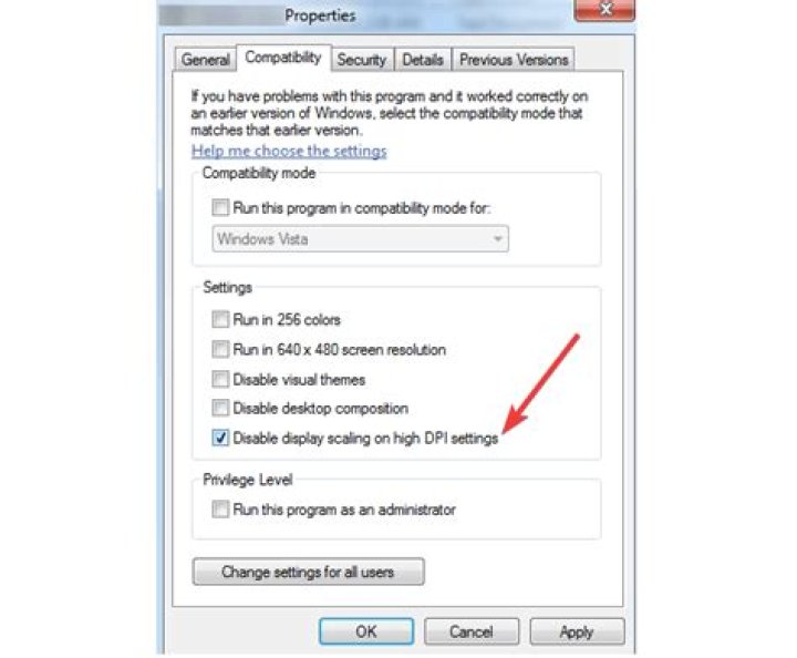 Disable display scaling high DPI settings windows 10