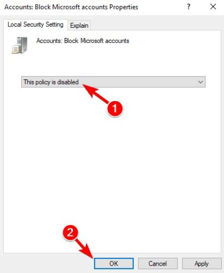 block Microsoft accounts disable policy disable policy Windows 10 can't sign into your account