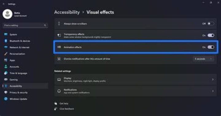 ease-of-access disable animations windows 11
