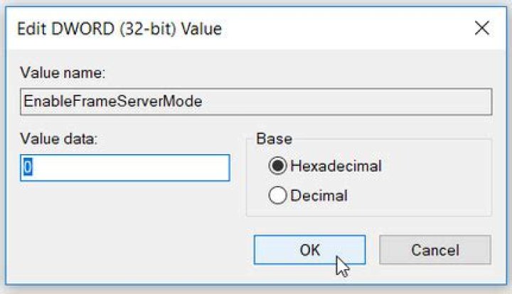 EnableFrameServerMode set value to 0 in registry