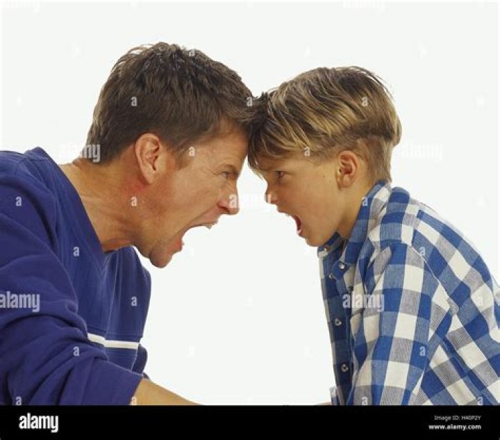 Father, son, closely packed, fight, shout, portrait, side view