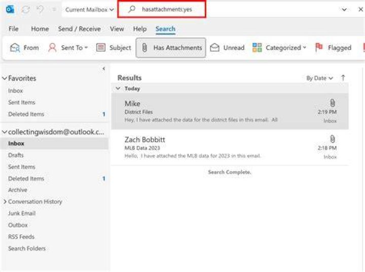 how to search for attachments in Outlook