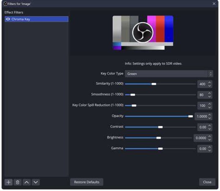 key Color Spill Reduction setting in OBS studio