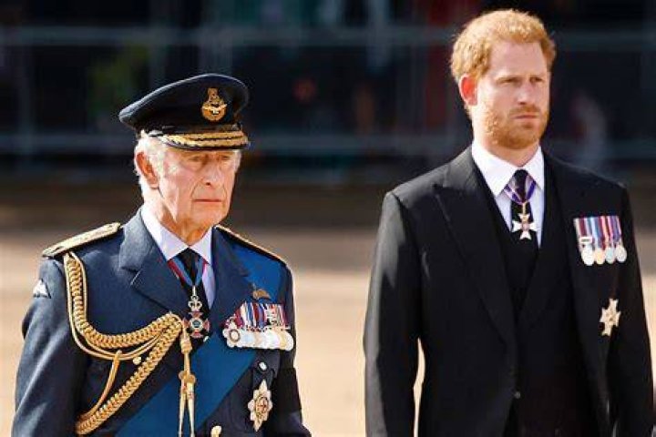 King Charles, a white man with white hair wearing a tuxedo with Prince Harry, a white man with red hair and beard in a tuxedo.