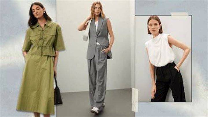 Rent the Runway Spring Work Collection - model on the left is wearing a green matching set; model in the middle is wearing a grey matching set; model on the right is wearing a white top and black pants.