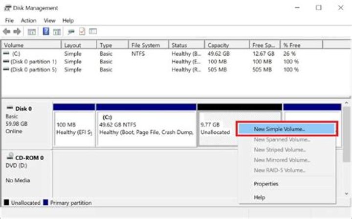 Right click on Unallocated or free space and select New Simple Volume