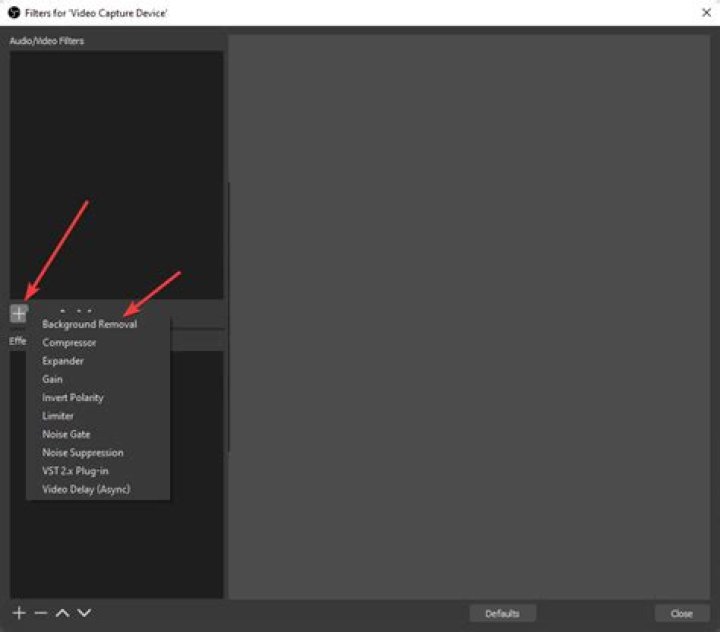 select background removal filter in OBS studio