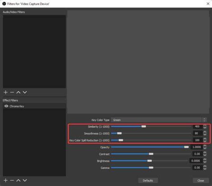  smoothness and othe roptions in chroma key settings