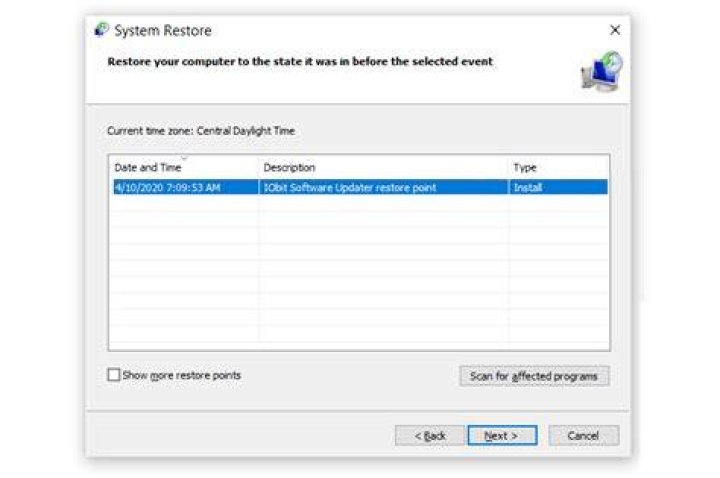 System Restore - Choose a different REstore Point