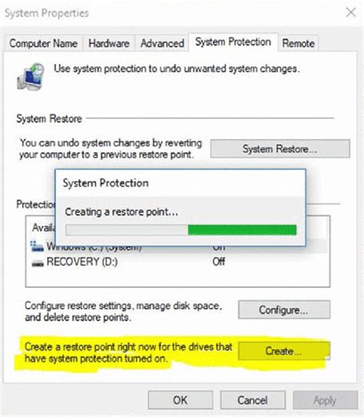System Restore - System Properties