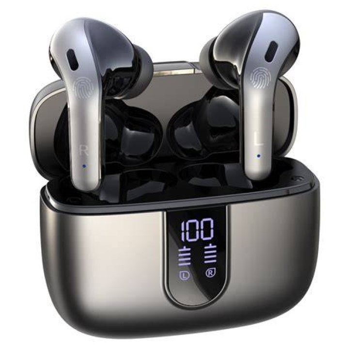 JLab_JBuds Air Executive-2_case open earbuds charging The earbuds in the charging case with the case open.
