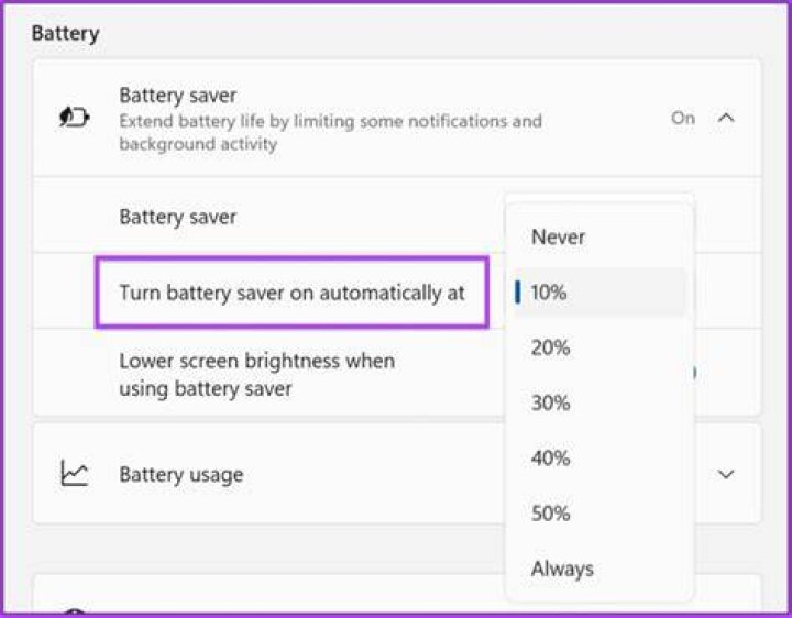 The Turn battery saver on automatically option The Turn battery saver on automatically setting this pc is in battery saver mode