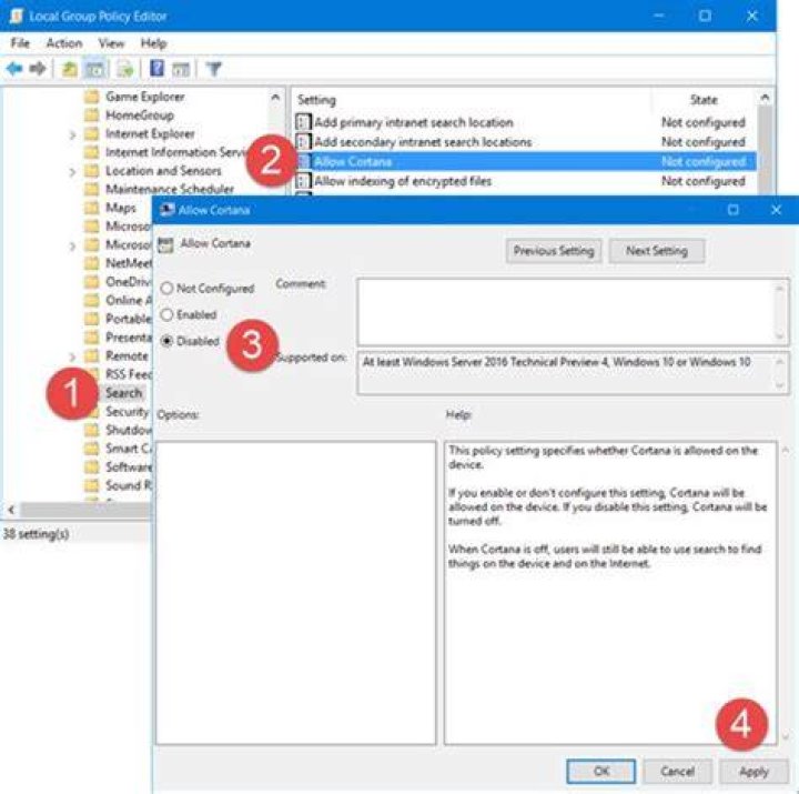 Turn off Cortana using Group Policy