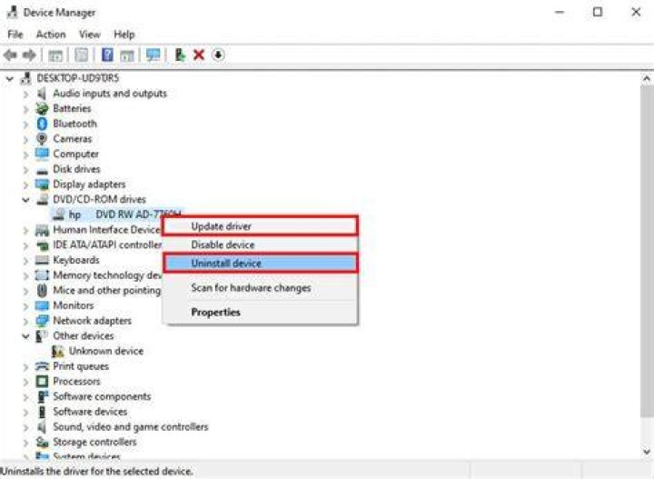 update or uninstall DVD drivers